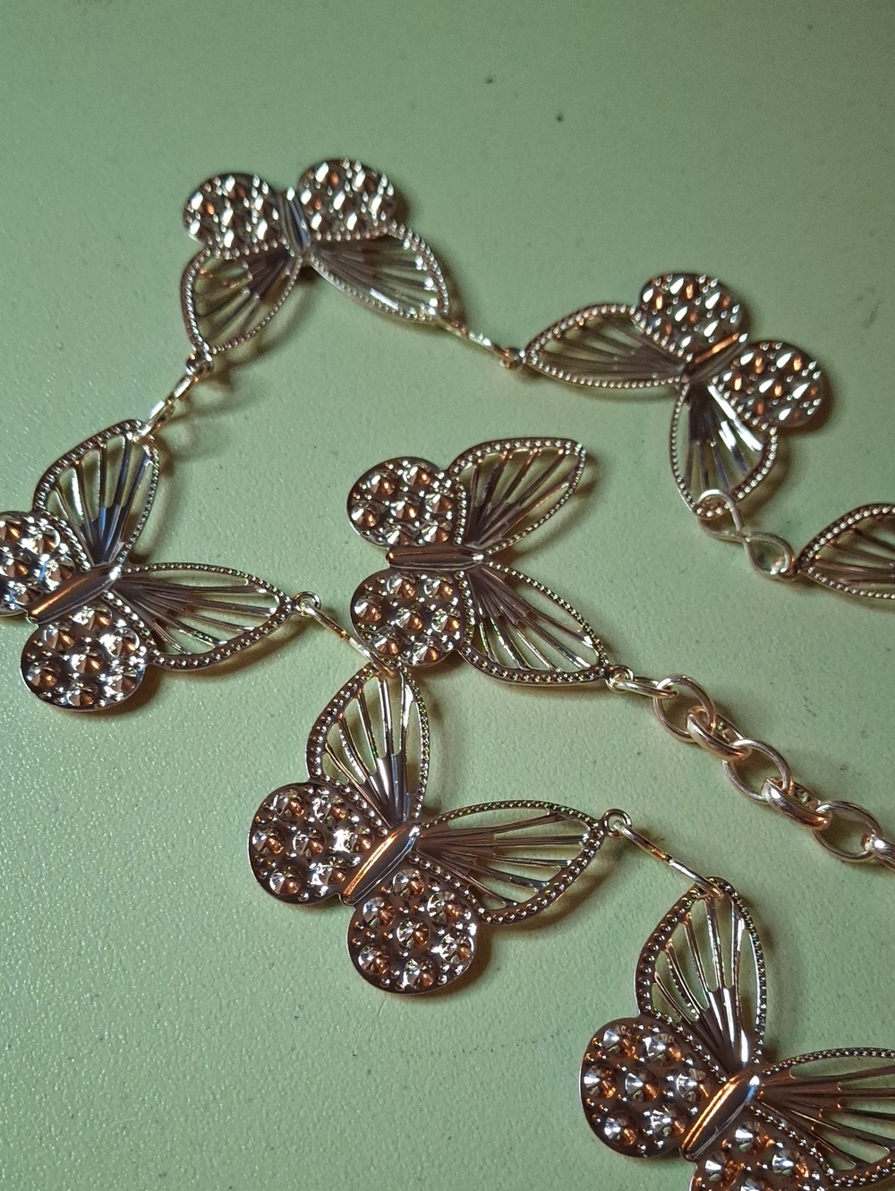 Elegant Rhinestone Gold-Tone Butterfly Link Belt 34" + 23" Extention